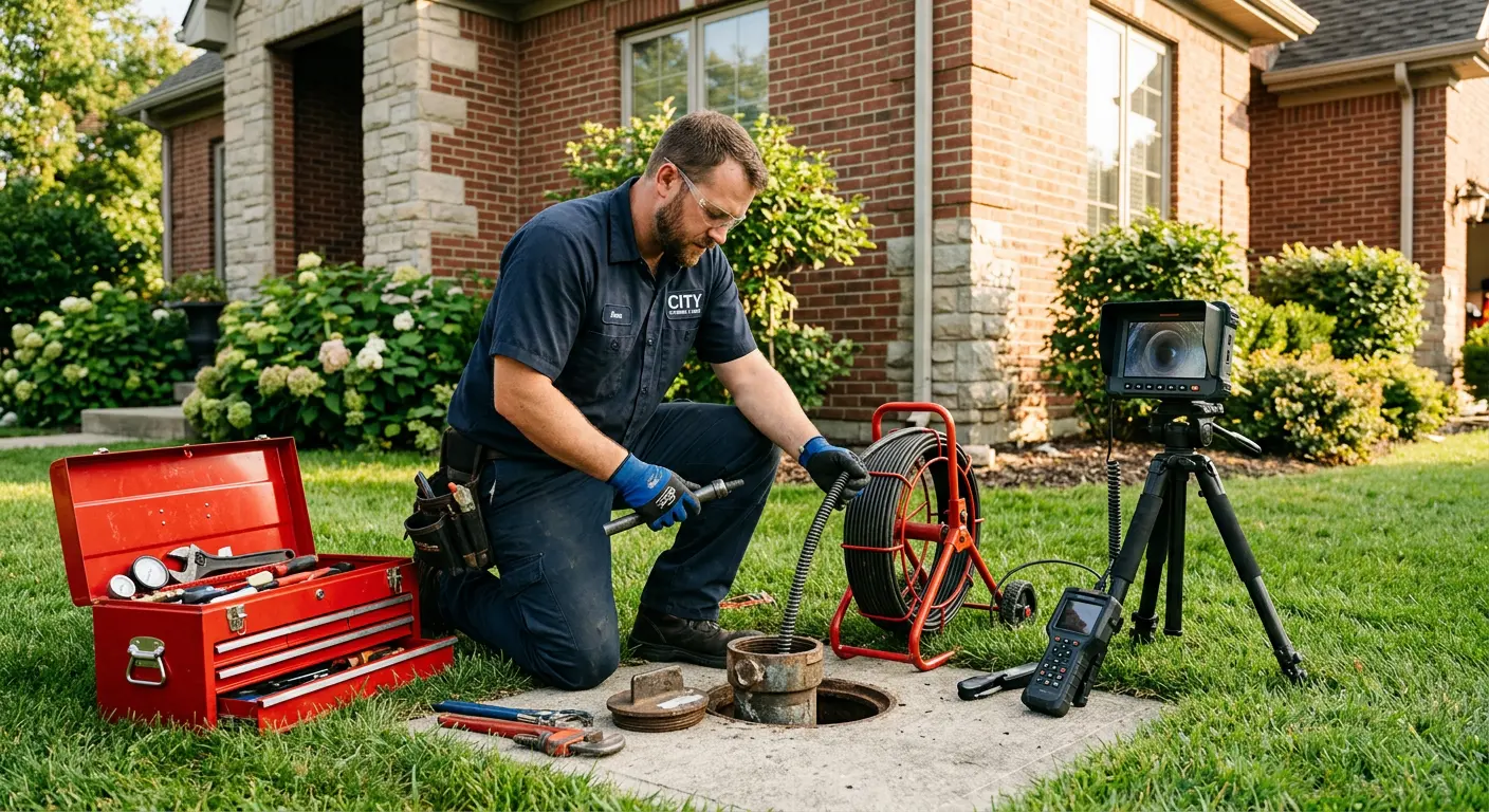 Sewer specialist with camera equipment servicing a cleanout in Glenview