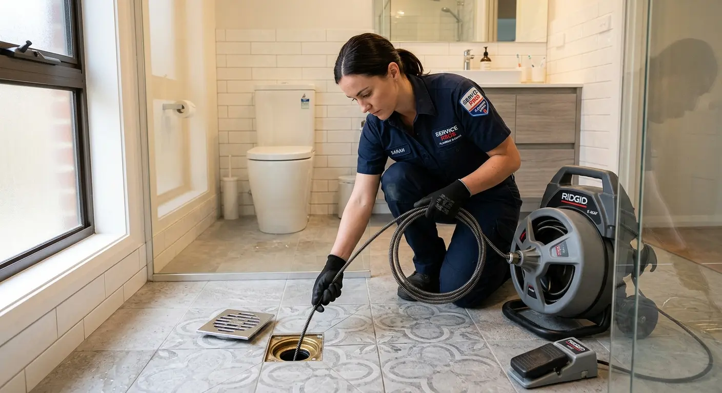 Technician clearing a bathroom floor drain for Hydro Jetting in Glenview